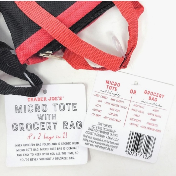 Trader Joe's 2 Pack Mini Micro Totes with reusable grocery bag inside red+black - Picture 5 of 5